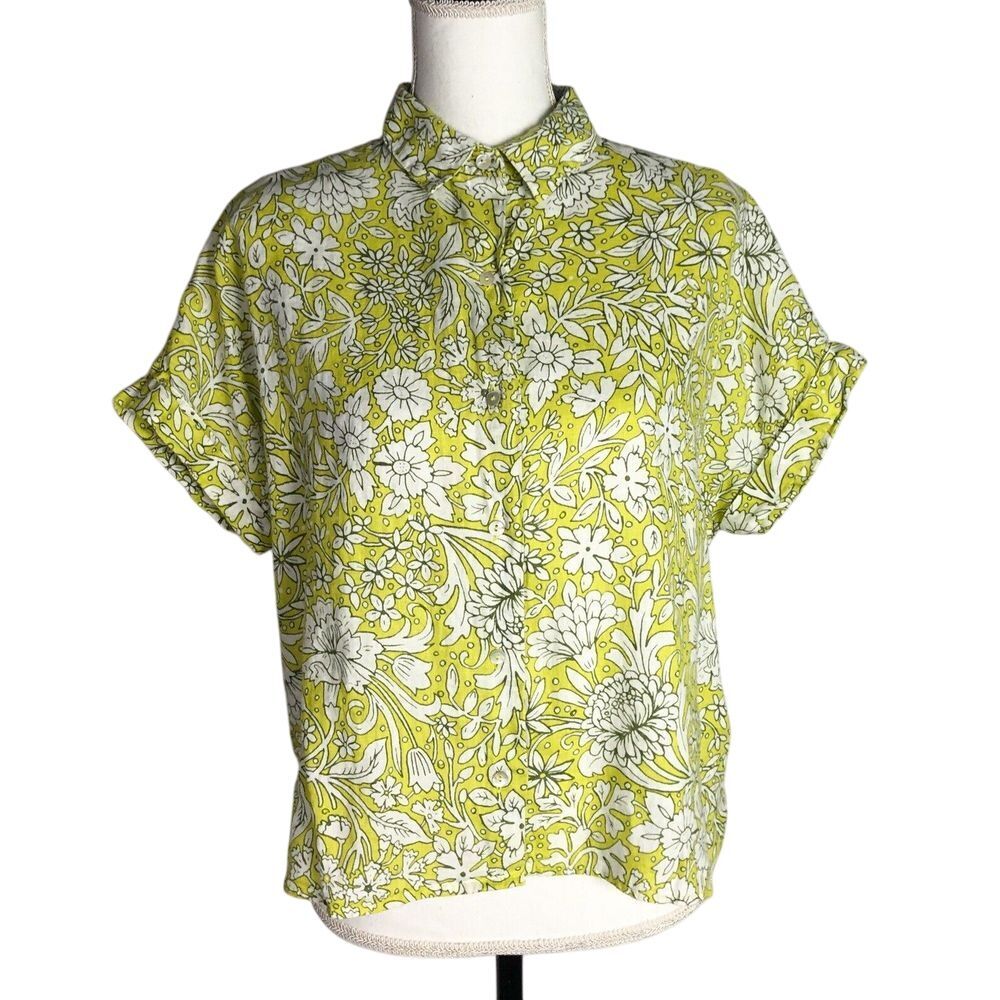 Rachel Ashwell Size S 100% Linen Floral Short Sleeve Shirt Yellow‎ Lime